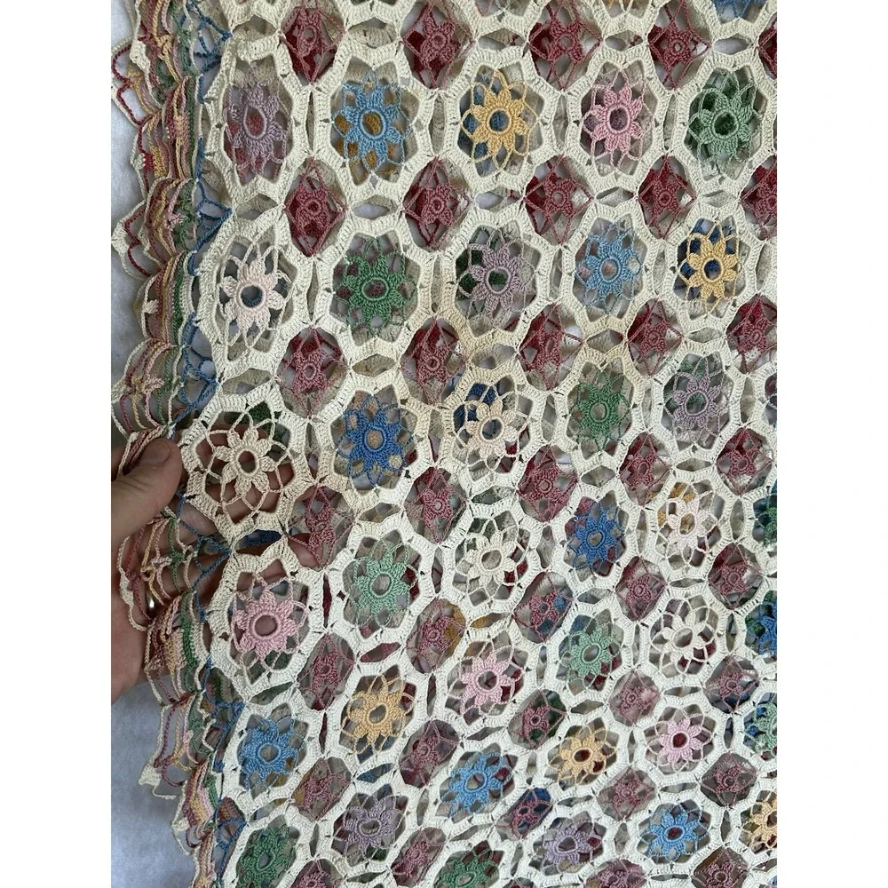 VTG Hand Crocheted Floral Heirloom Tablecloth Colorful & Ecru 60x60